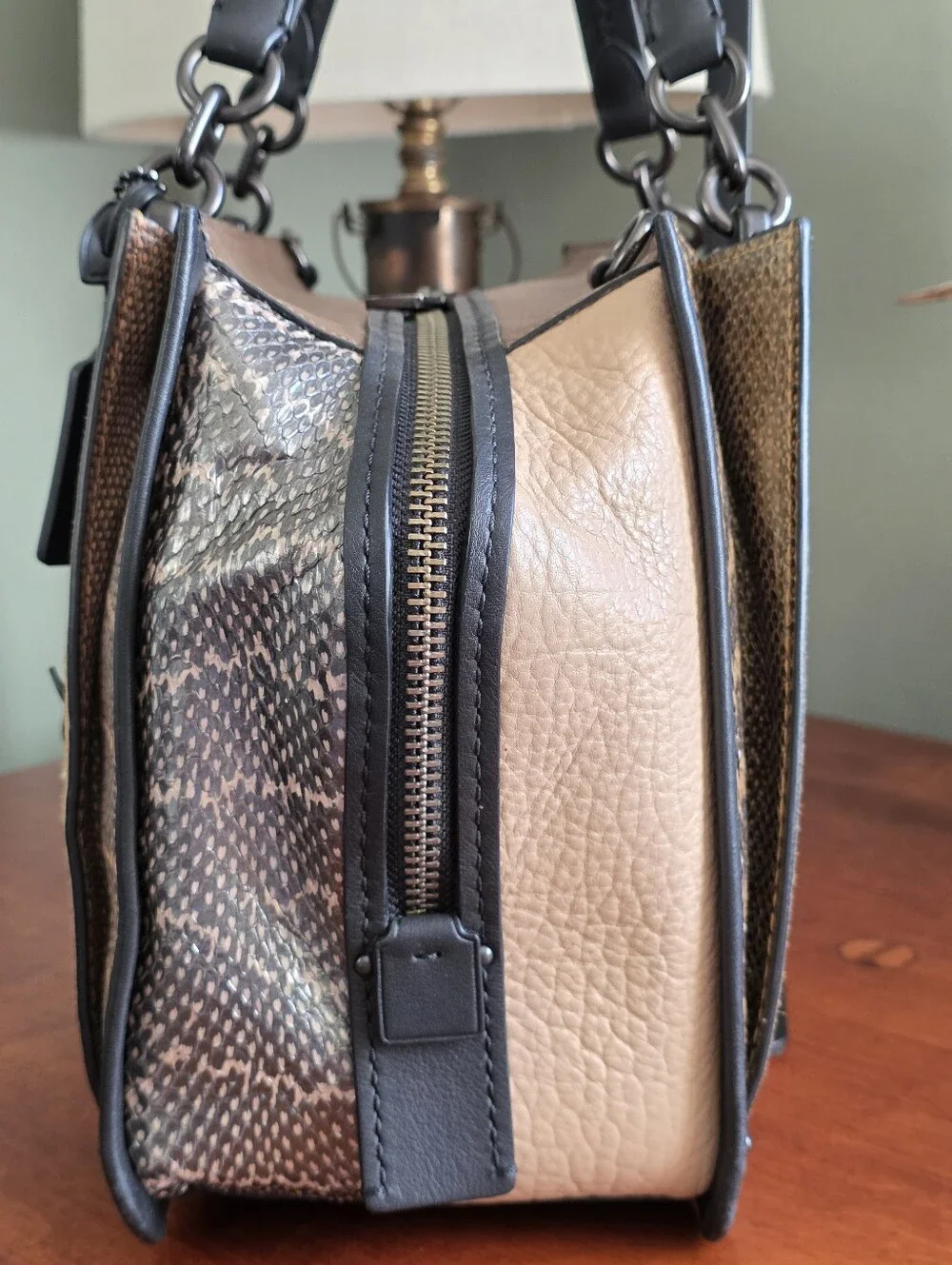 Coach Dreamer 36 37130 Colorblock Tan Suede Leather Snakeskin Satchel Bag
